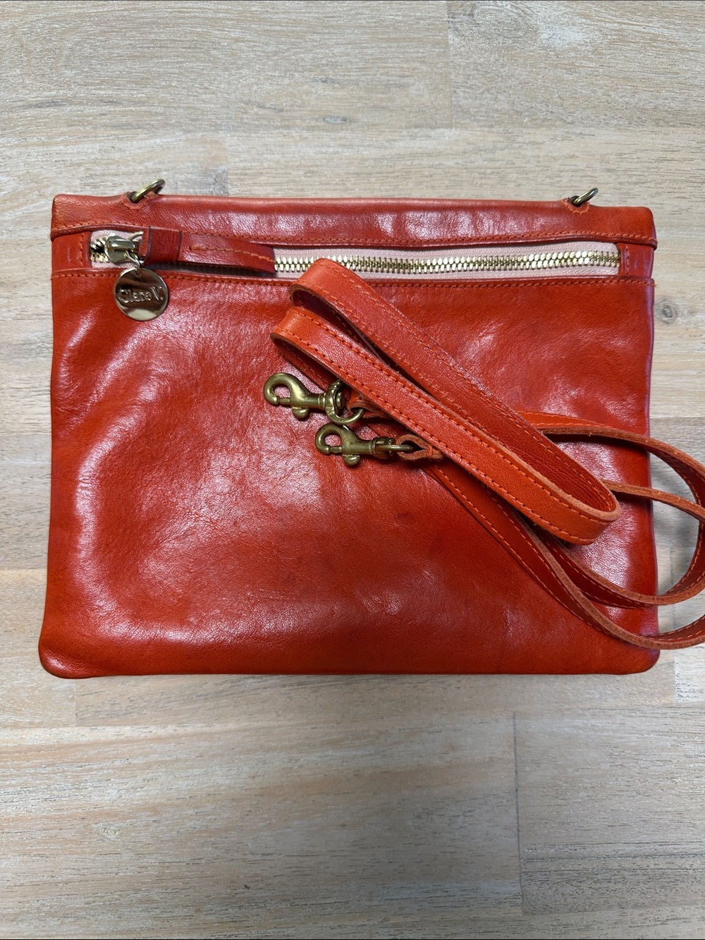 Clare V Red-Orange Leather Crossbody Bag with Gold Hardware